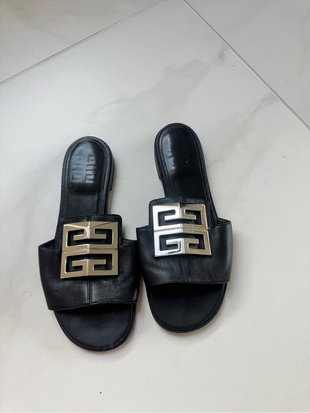 Givenchy Black Leather Slide Sandals with Silver Logo Plaque